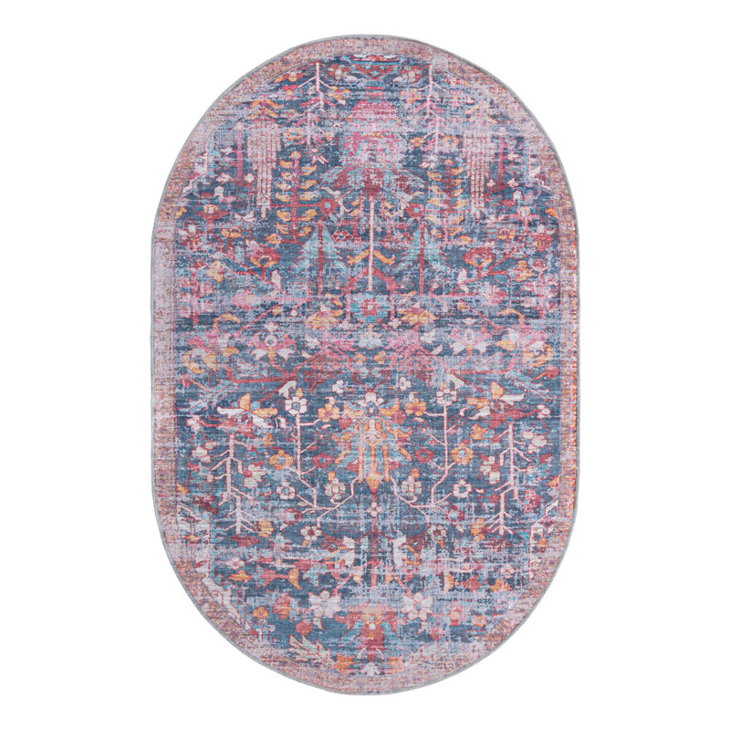 Tapis floral rouge / bleu Hafner, Ovale 5 pi 3 po x 8 pi