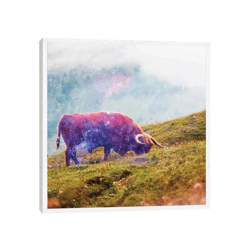 Space Cow - Painting on Canvas, White Framed, 45.72cm H x 45.72cm W x 3.81cm D