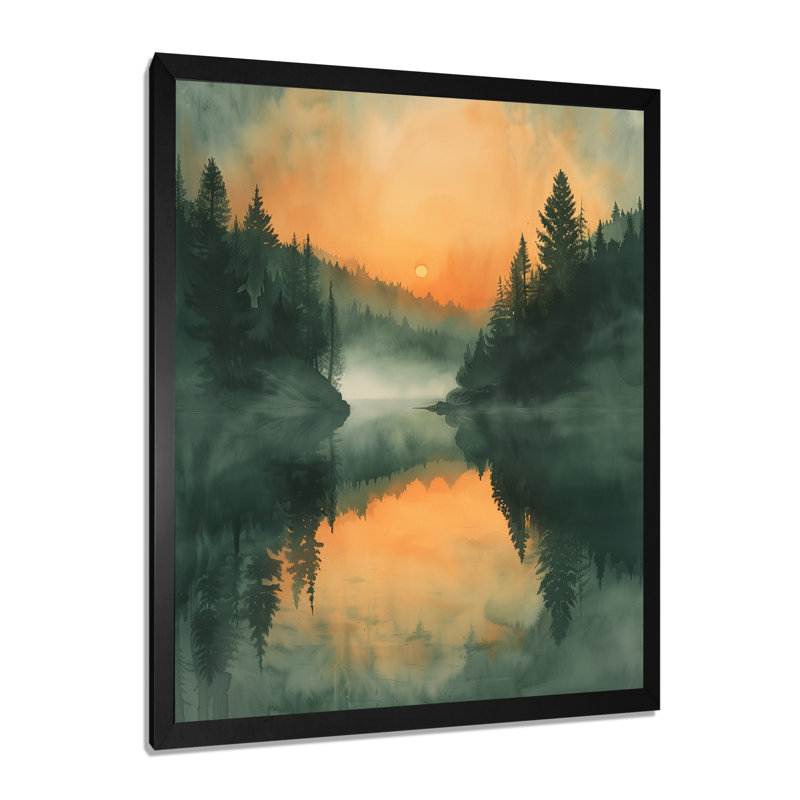 Décoration murale orange, forêt verte, lac au coucher du soleil, Cadre photo noir, H 40 po x l 30 po