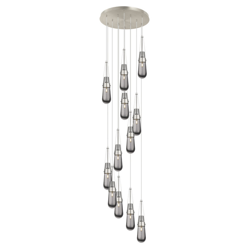 Luminaire suspendu en grappe à 12 lumières, Gris fumée clair, Nickel satiné brossé