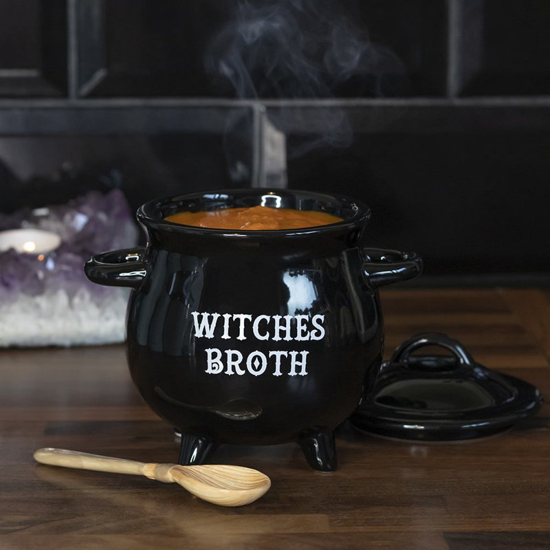 Witches Broth Cauldron Bowl W/Broom Spoon