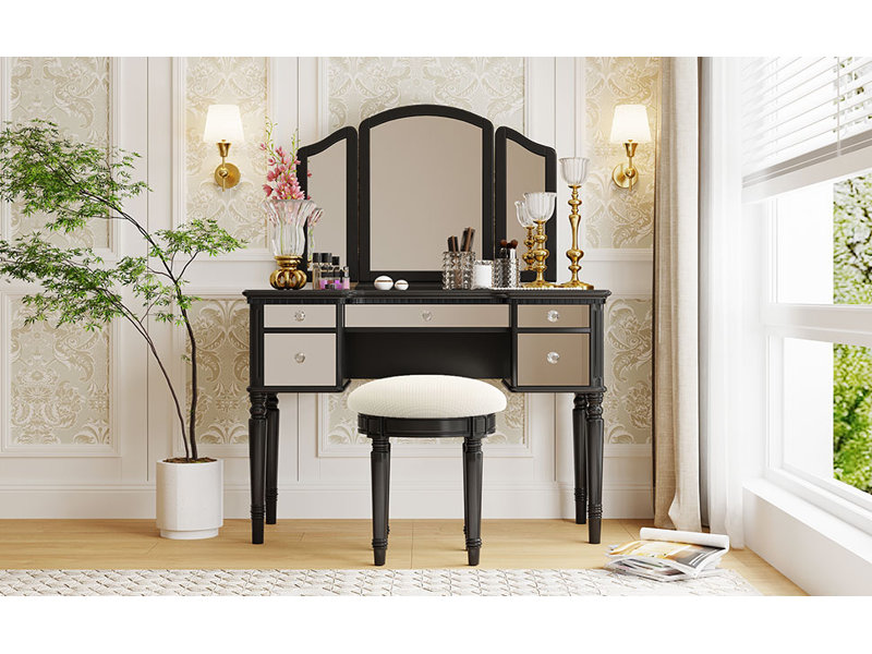  Ensemble de coiffeuse 43 "avec tiroirs en miroir et tabouret, miroir à trois volets, ensemble de coiffeuse pour la chambre à coucher, noir