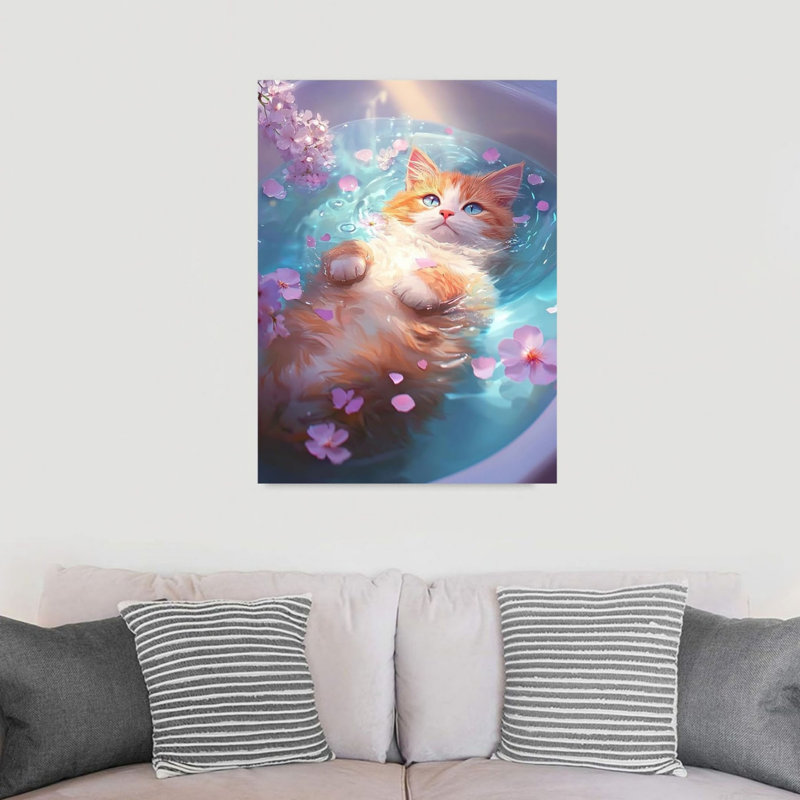 Mignon chat prenant un bain, art mural 24 po x 36 po