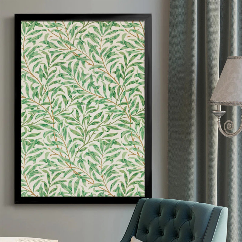 Branches de saule abstraites modernes avec feuilles vertes, motif complexe, style illustration botanique. Art mural 24 "x 36" avec cadre en bois noir