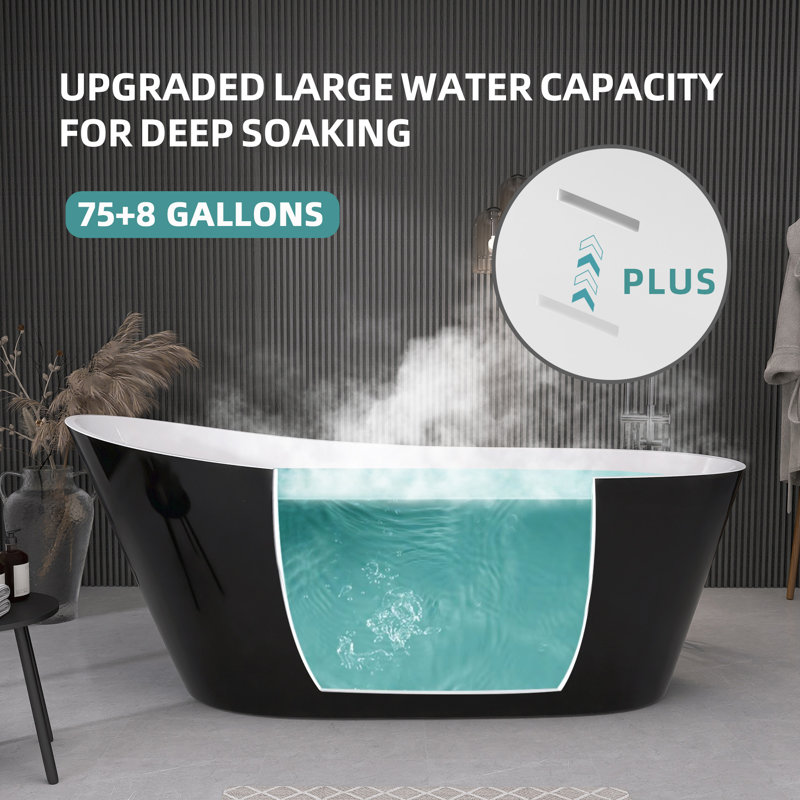 Acrylic Freestanding Soaking Bathtub 59'' x 29'' Single Slipper Stand Alone Bathroom Tub with Side Drain, Glossy Black
