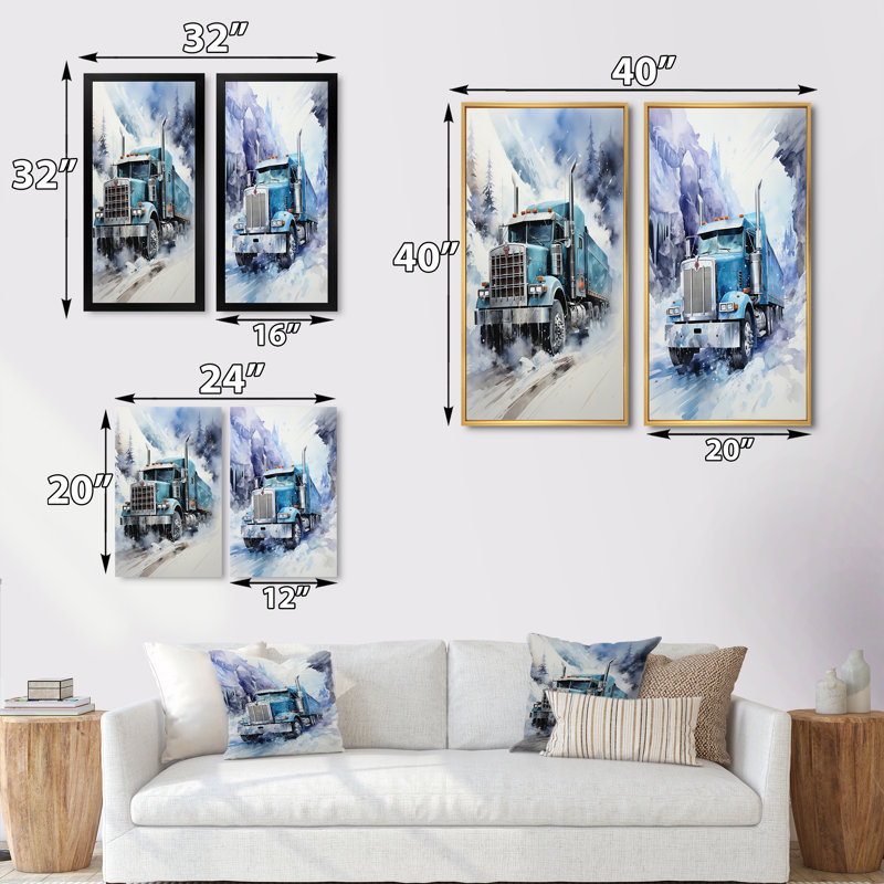 «Turquoise Semi Truck Arctic Hauler», 2 pièces, Cadre blanc, H 20 po x l 24 po