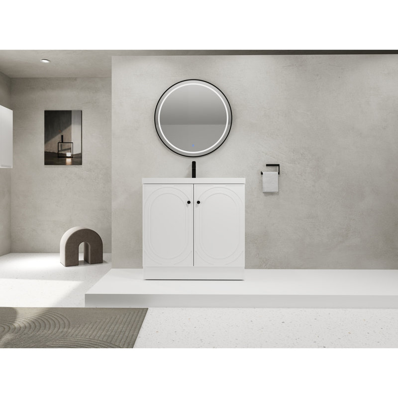 Lavabo de salle de bain sur pied 36 po en résine et 2 portes d'armoire à fermeture en douceur, Blanc, 35"