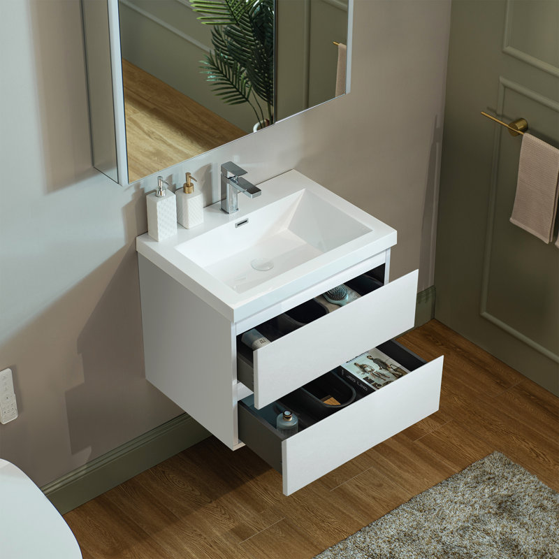 Meuble-lavabo flottant mural 24 po avec comptoir en résine composite, Blanc, Blanc, 24"
