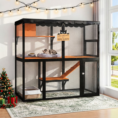 Grande enceinte pour chat avec une conception à 4 niveaux, une construction en bois et un toit à l'épreuve du soleil pour la cage de loisirs de plusieurs chats à l'extérieur, en bois