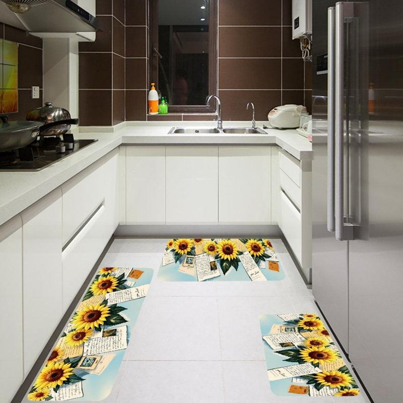 Ensemble de 3 tapis de cuisine pour chambre à coucher à motif de collage de tournesol rétro