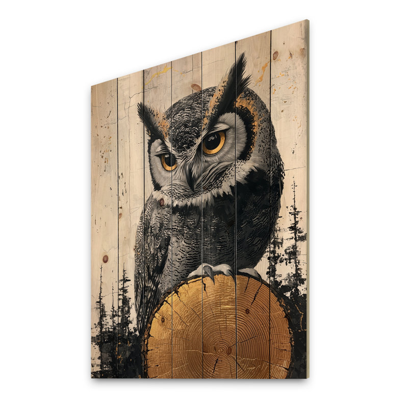 Chouette dans un paysage de forêt en pierre onyx I - décoration murale en bois animal hibou - sur bois de pin naturel