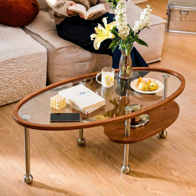Table basse de style Mid-Century moderne en bois massif et verre - Table de salon ovale à deux niveaux