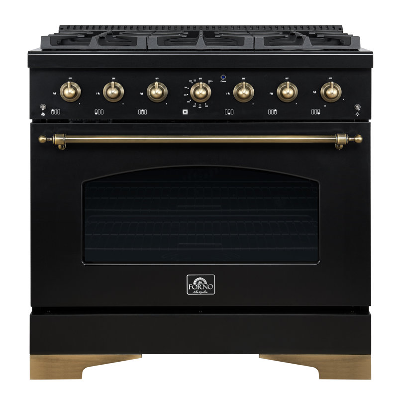 Cuisinière à double combustible 36 pouces Forno Antico avec 6 brûleurs à gaz scellés, four à convection électrique, finition laiton antique