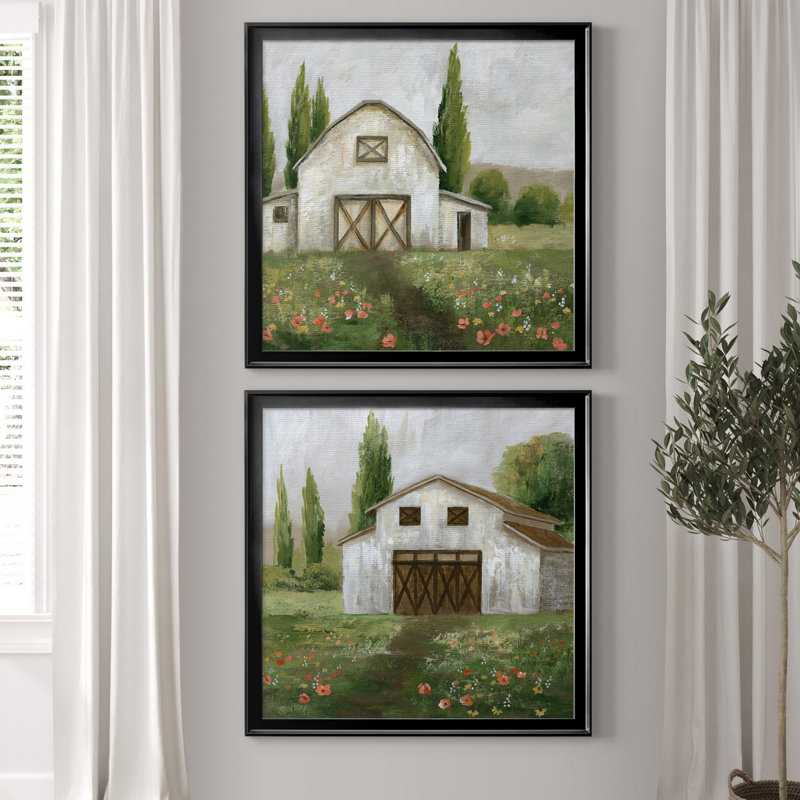 Country Barn I - ensemble de 2 reproductions d'art, H 17,5 po x l 35 po x P 1,5 po, Toile avec cadre noir, Pas de tapis