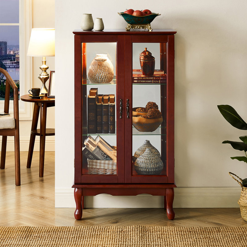 Cabinet Curio avec tablettes réglables et panneau arrière en miroir, Cerisier