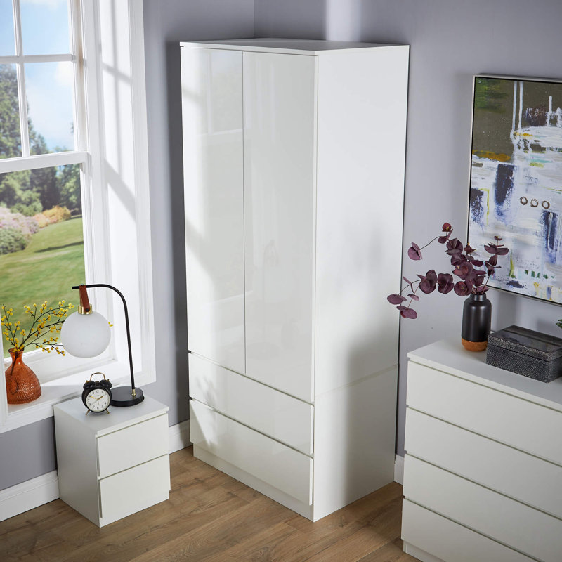 Rishin 2 Door 2 Drawer High Gloss Wardrobe Storage Unit, White