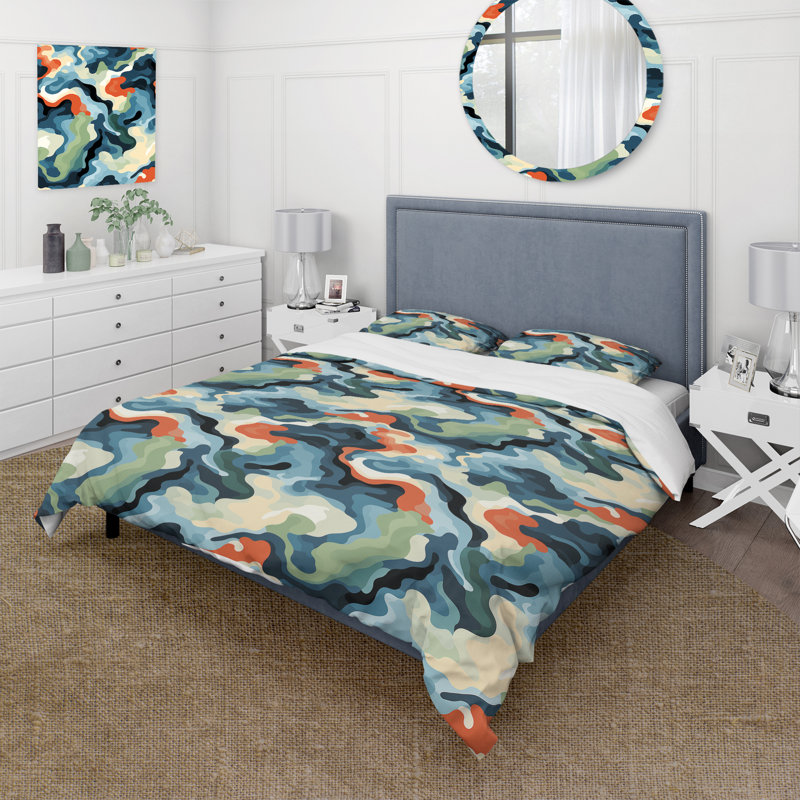 Literie sérénité à encre liquide bleue et verte, Housse de couette pour grand lit et 2 taies décor