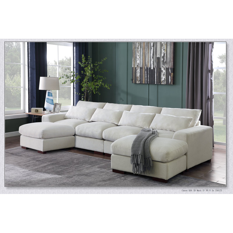 Tatman Linen Blend Sectional With 2 Ottomans, Beige Linen