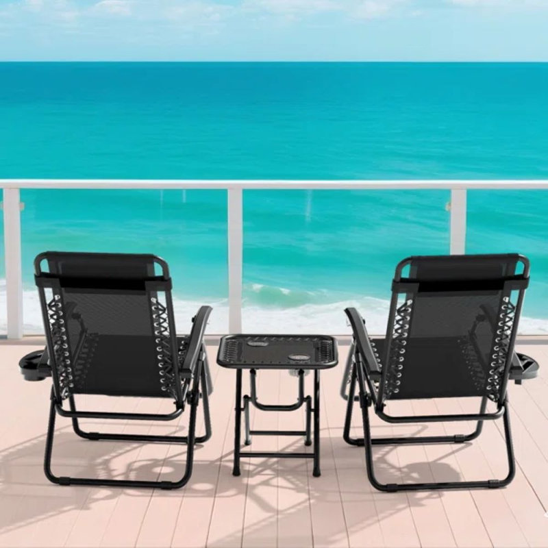 Set of 3 Folding Zero Gravity Reclining Chair Set with Side Table, Lounge Chairs Set with Headrest, Black