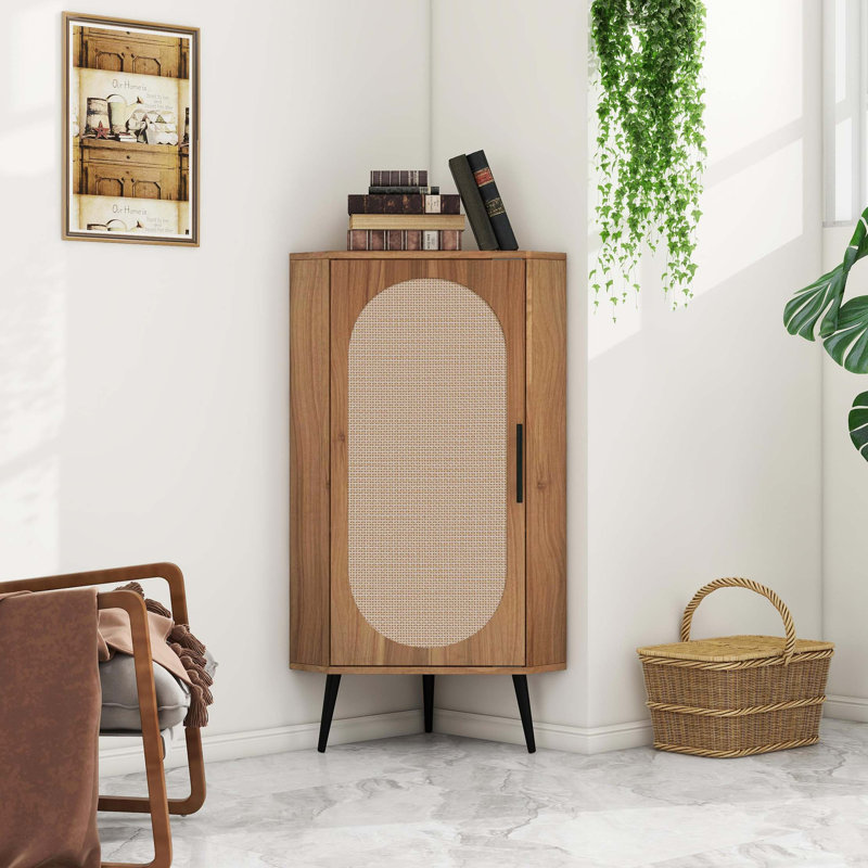 Corner cabinet ,Rattan door,Freestanding Corner Tables For Small Spaces, Corner Shelf Stand, Walnut