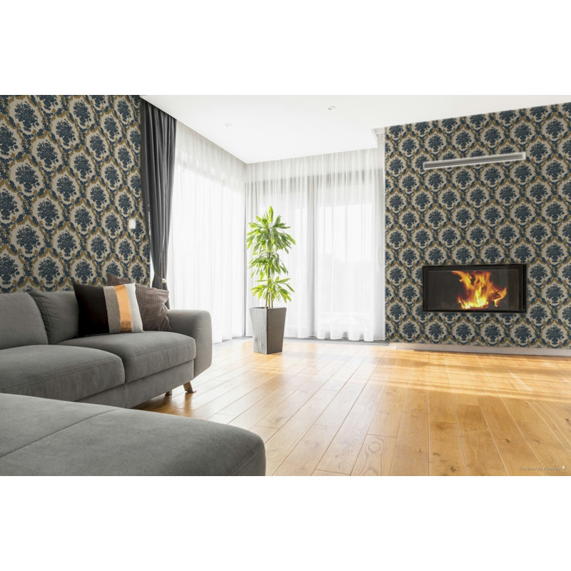 Italian Classics 4 Floral Baroque Damask 3D Embossed Wallpaper Roll, Navy