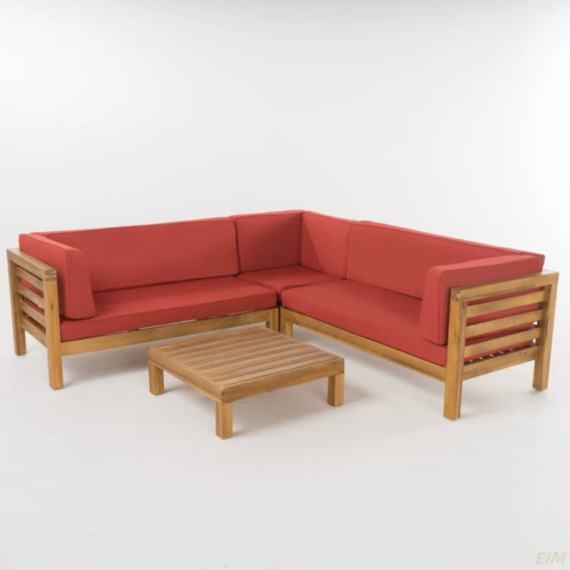 Ensemble de conversation modulaire en bois avec coussins Oana, Rouge