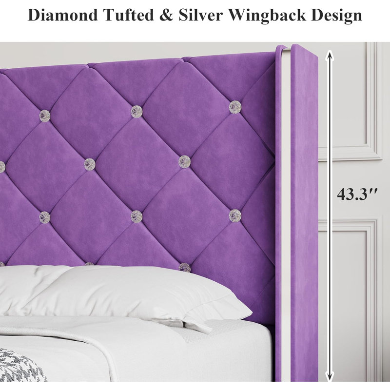 Structure de lit tapissier Alber avec tête de lit capitonnée Diamond, dossier à oreilles moderne, aucun sommier tapissier requis