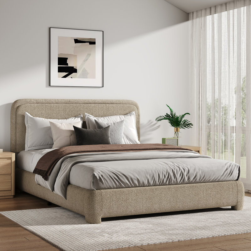 Lit plateforme tapissier Bensu Boucle, Lit double, Taupe