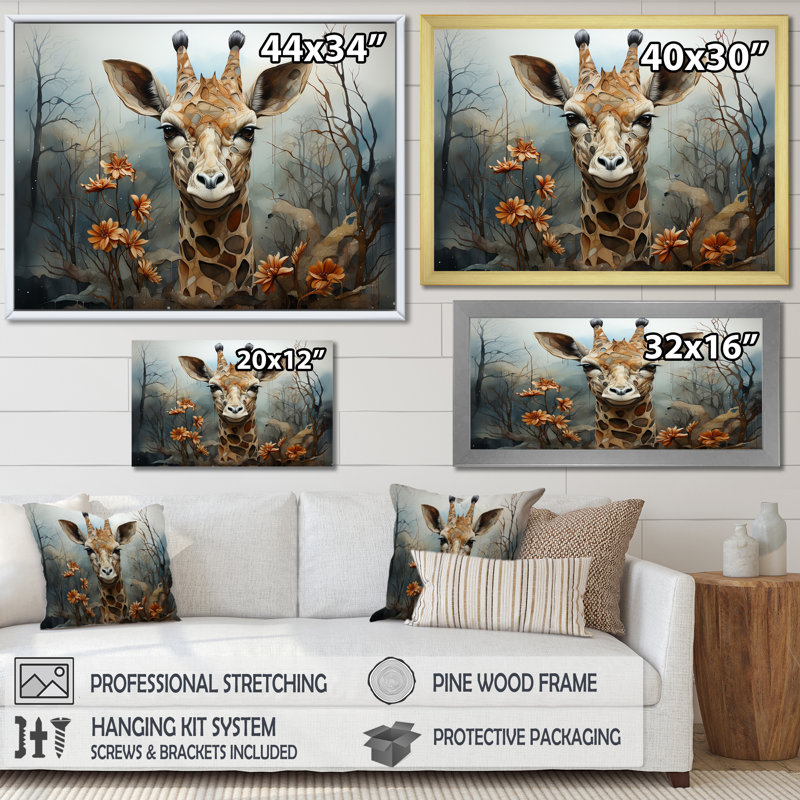Mignonne girafe dans un champ de fleurs II, H 34 po x l 44 po x P 1,5 po, Cadre simple argenté