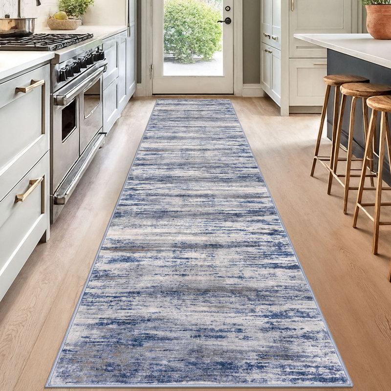 Modern Washable Rug Runner 2.6x12 Abstract Hallway Runer Rug Non-Slip Soft Indoor Long Rugs for Entryway Kitchen, Blue/Gray