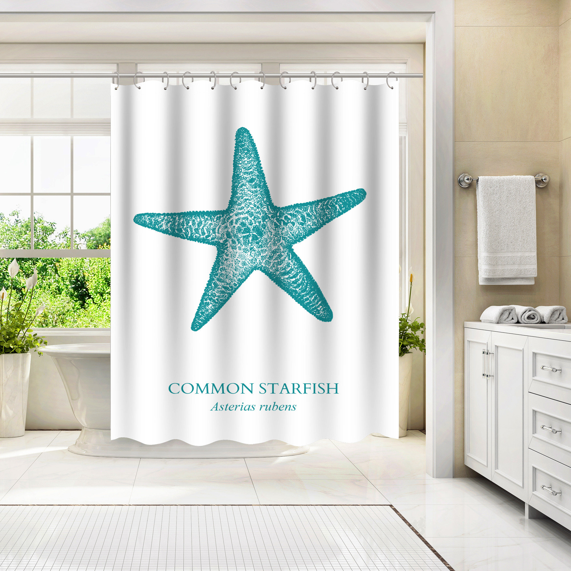 Stylish Beach Starfish Scallop Print Bathroom Rug