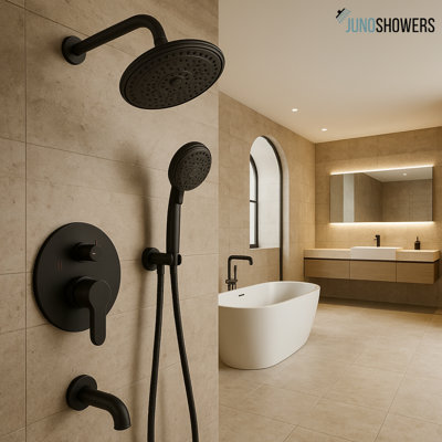 Juno Commercial Matte Black Wall Mounted Shower Faucet with Round Rain Shower Head and Single Handle