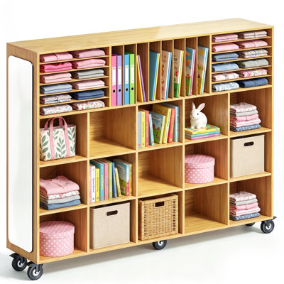 Armoire de rangement mobile de 57 pouces de large pour salle de classe, avec séparateurs amovibles et miroir latéral