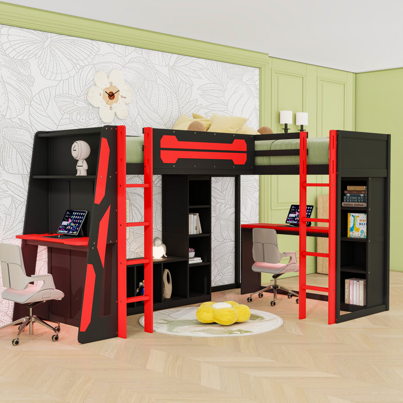 Base de lit de jeu avec lumières DEL, ports USB, meuble télé et tablettes de rangement, Rouge