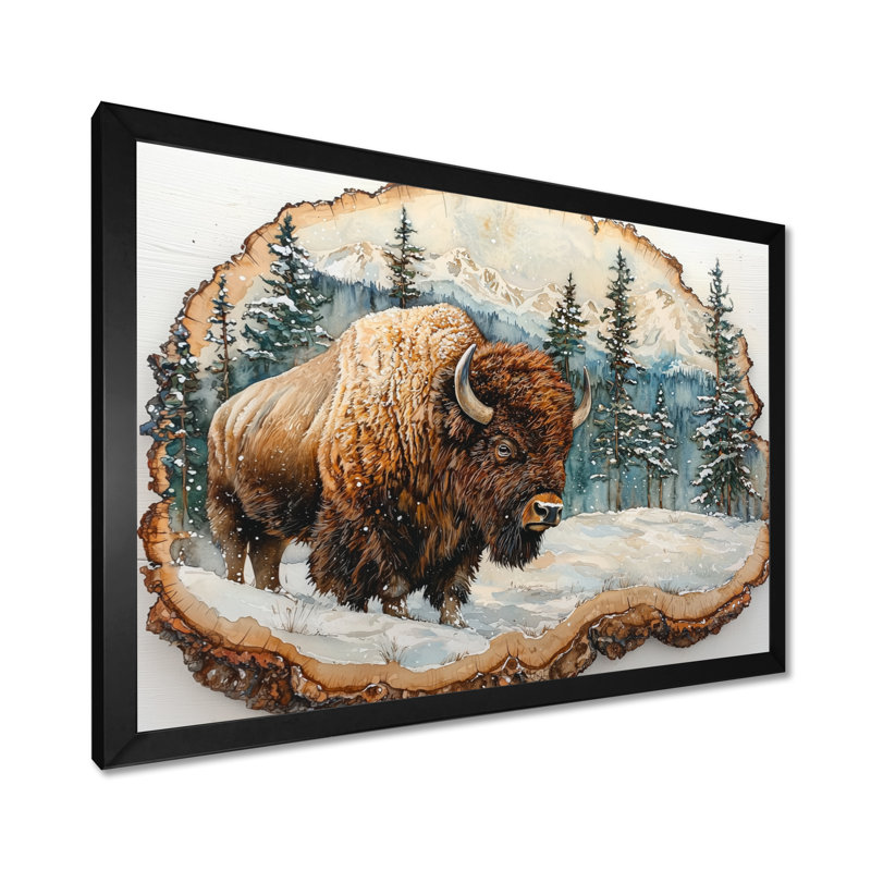 Bison américain dans une glissade en bois, paysage de forêt II - bison, art mural, H 30 po x l 40 po, Cadre simple, Noir