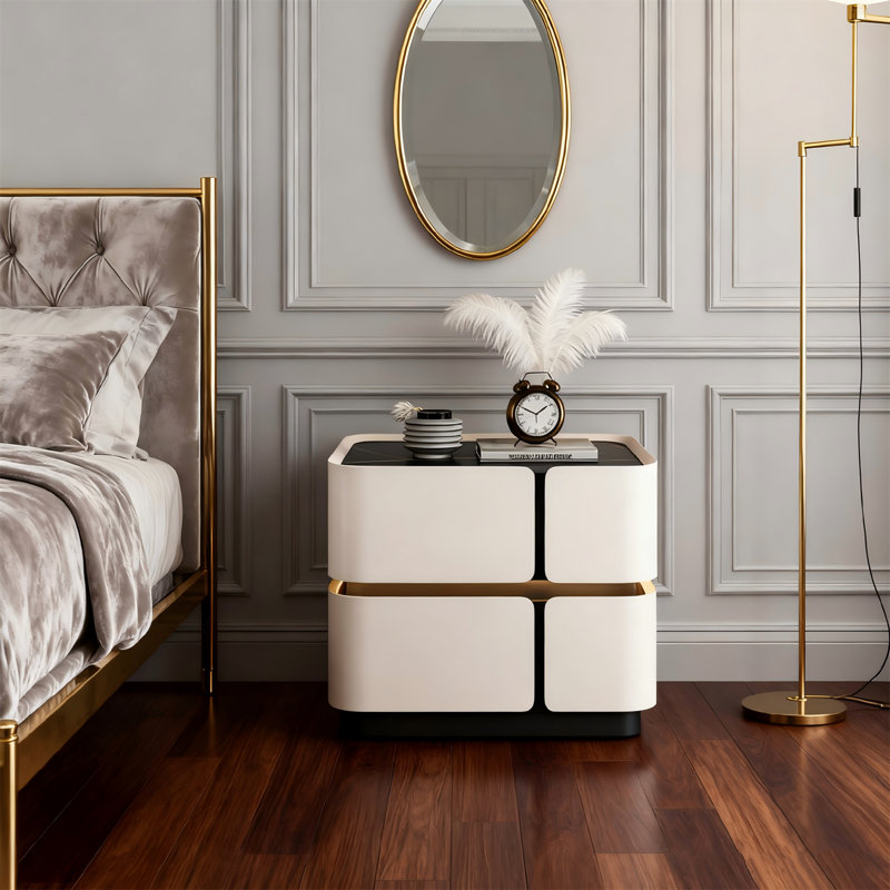 Solid Wood Nightstand With 2 Drawers, Modern Leather-wrapped Bedside Table, Compact Storage For Bedroom