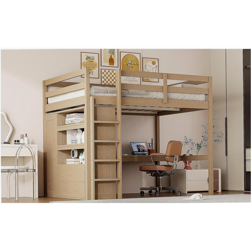 Lit mezzanine double en bois avec garde-robe intégrée, bureau, tablettes de rangement et tiroirs, Noyer