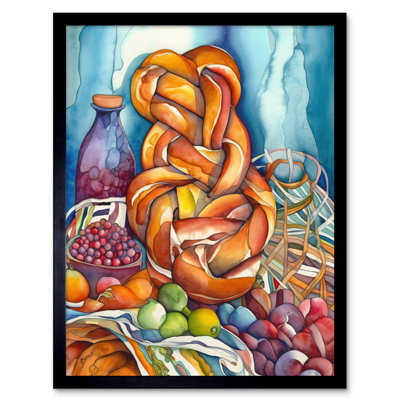 Jewish Challah Bread And Fruit Folk Art Watercolour Painting Artwork Framed Wall Art Print 9X7 Inch