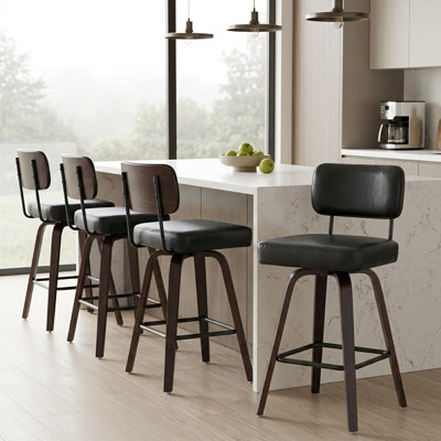 Ensemble de 3 tabourets de bar pivotants de style moderne Mid-Century de 29 po avec dossier courbé et pieds en bois massif