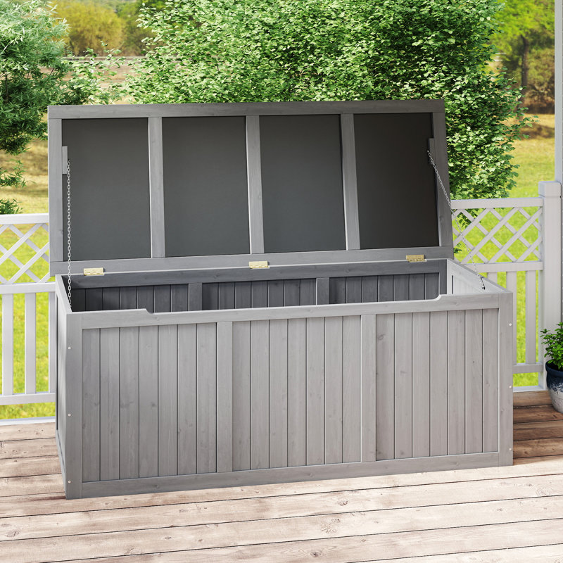 Coffre de terrasse de 112 gallons pour terrasse, bord de piscine ou jardin - Élégant rangement en bois massif avec siège et table à double usage Coussins de mobilier de patio, accessoires de piscine, outils, peu d'entretien,