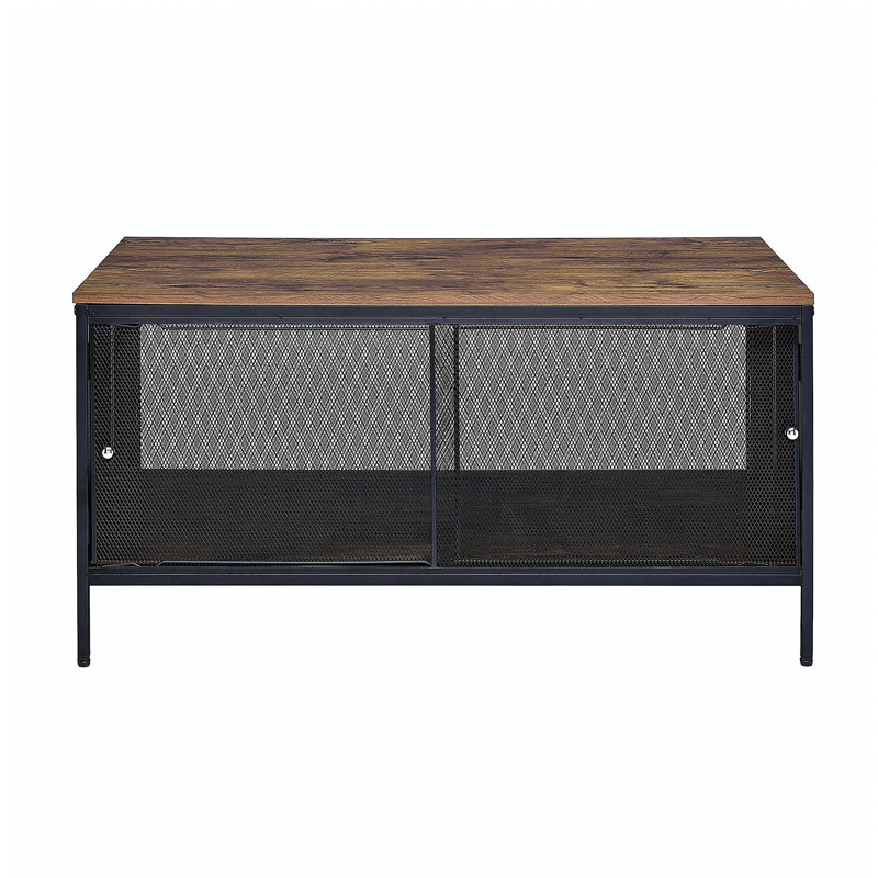 Table basse rétro en chêne et noire avec 4 portes coulissantes.