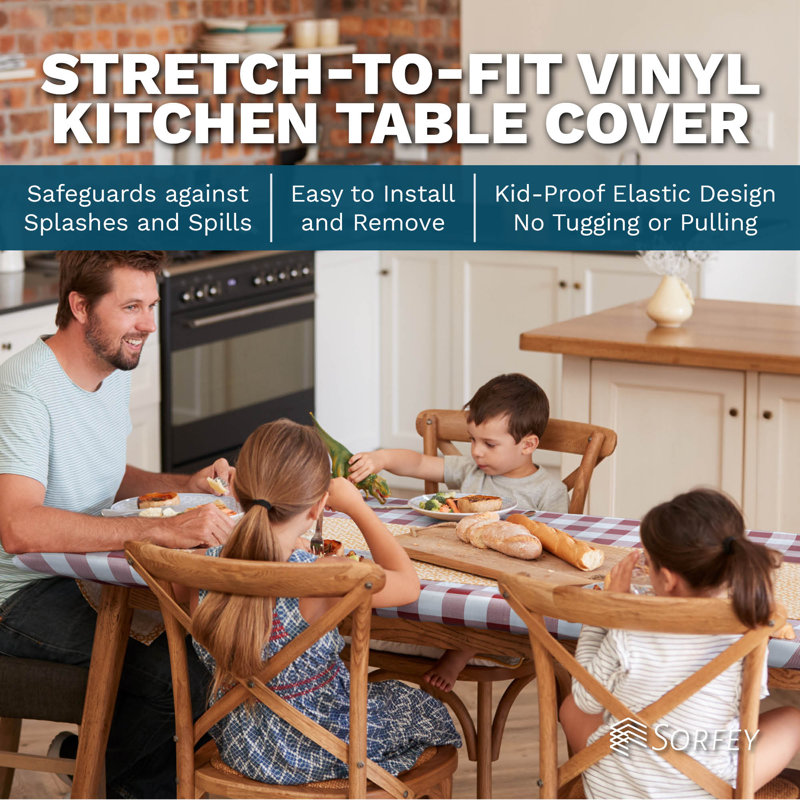 Sorfey Indoor/Outdoor Vinyl Elastic Edge Fitted Tablecloth Cover. Checkered Design, Flannel Backed Leak Proof Lining, Easy To Clean. Stretched To Fit Rectangle Table