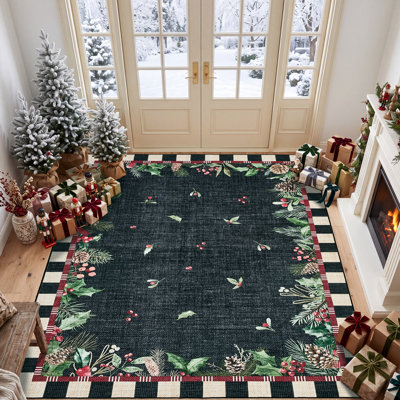 Tapis de Noël lavable gris anthracite, décoratif pour les fêtes, idéal pour le salon, la chambre à coucher, l'entrée, le couloir ou sous le sapin.