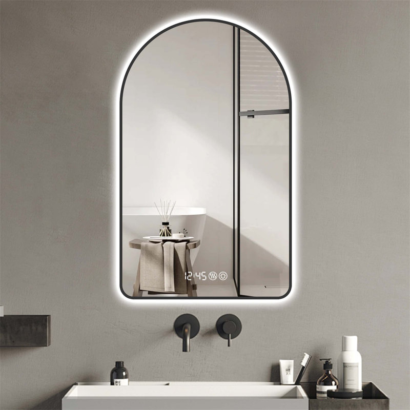 Arched LED Mirror for Bathroom with Time and Temperature Display, Anti - Fog, Dimmable Function and Three Color Temperatures, Perfect for Over Sink