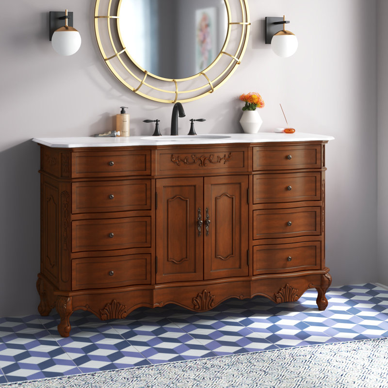 Lunette Single Bathroom Vanity with Top, Ivory White, Teak