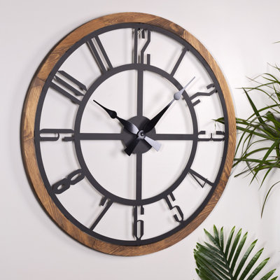 Stylish Decorative Metal Wall Clock, Black & Oak, 31.5 in Diameter x 0.06 in Thick | 100% Durable Metal Construction, Silent Mechanism, Requires 1 AA Battery (Not Included) | Perfect for Home or Office Décor