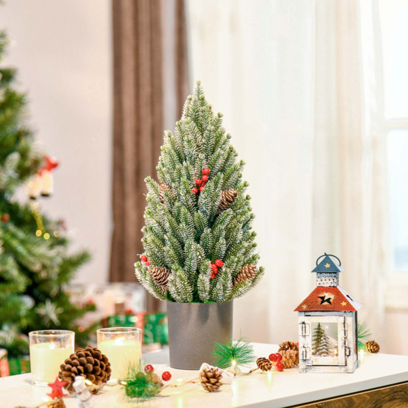Arbre de Noël artificiel de 18 po de haut miniature enneigé et floqué neige avec décoration de Noël