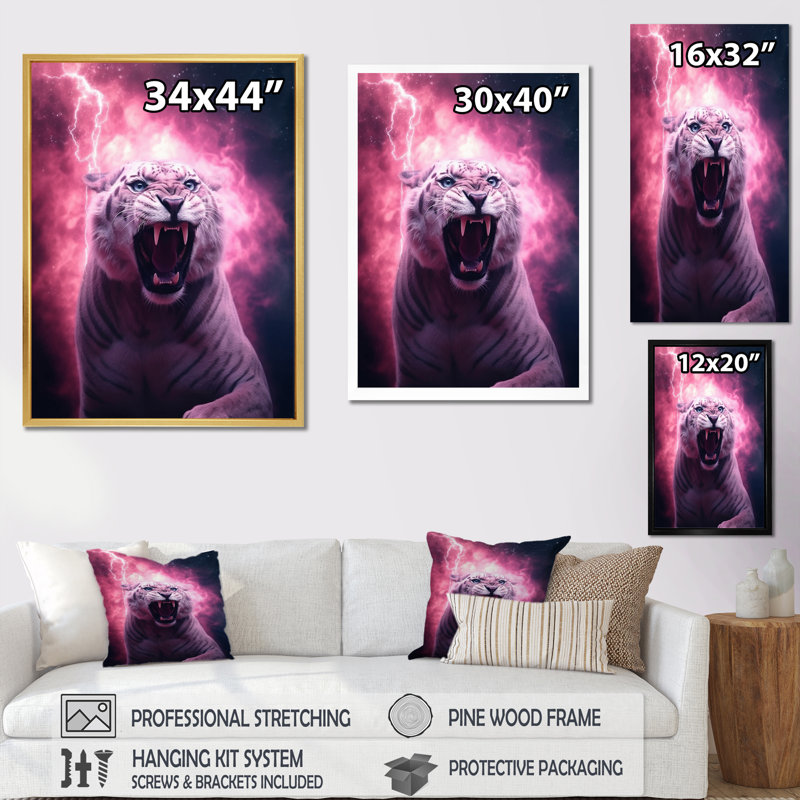 «Pink Lightening WIld Tiger I», reproduction sur toile, H 40 po x l 30 po x P 1,5 po, Cadre naturel flottant