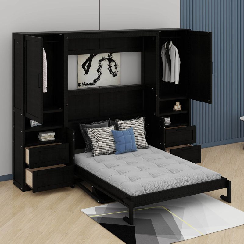 Lit escamotable Murphy avec placard, tiroirs et tablettes, pliable au mur, lit plateforme pliable en bois