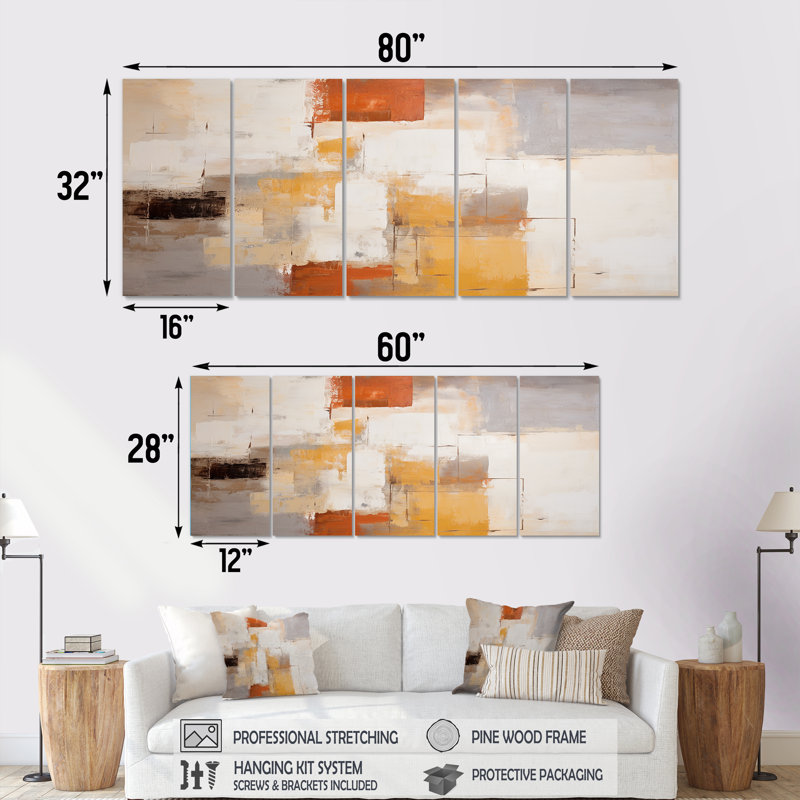 Serenity déconstruit cubiste orange - art mural abstrait 5 pièces, H 32 po x l 80 po